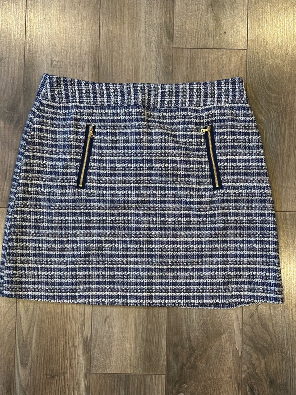 Classic Navy Tweed Mini Skirt with Zip Pocket Details